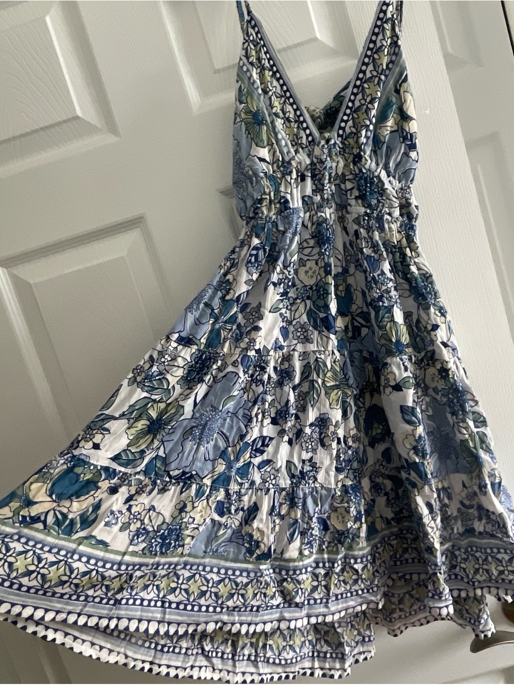 Angie White Floral V-Neck Blue Accent Mini Dress